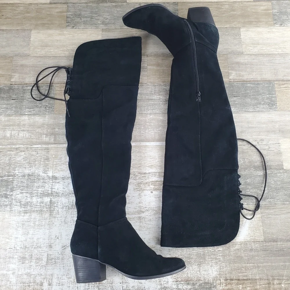 ALDO Nathalee Womens Over The Knee Boots Sz 9 Black Suede Side Zip Block Heel